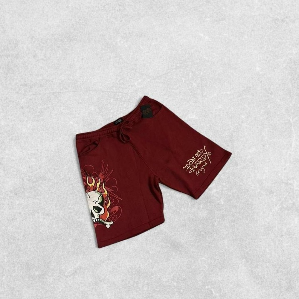 Ed Hardy Maroon Skull Graphic Athletic Shorts